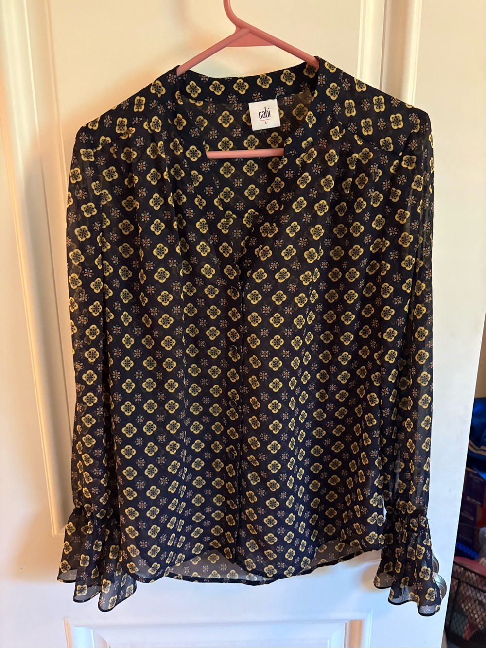 CAbi Black Blouse with Yellow Floral Geometric Print